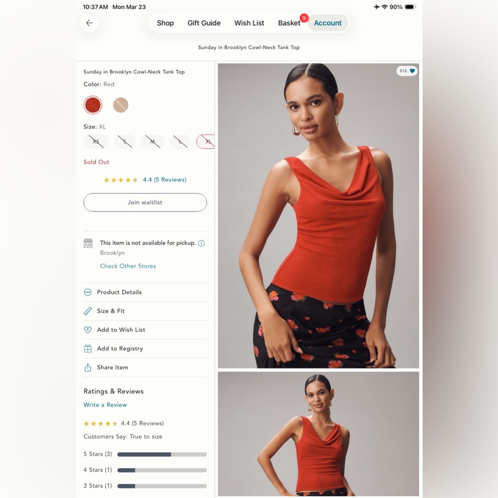 Sundays In Brooklyn by Anthropologie XL Red Cowl Neck Tank Top